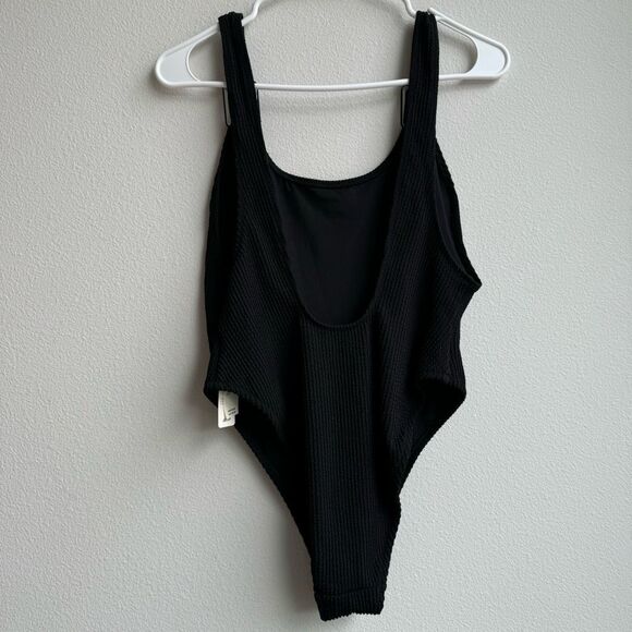 NWT Aerie Size Large Crinkle Cheeky Coverage One Piece Swimsuit Black Scoop Back - Picture 6 of 7
